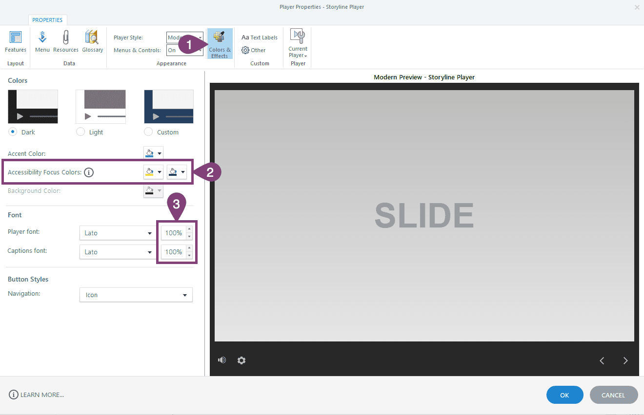 Storyline Player Properties colors & effects.