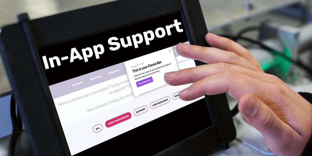 An image of a hand in front of an iPad with a guide on the screen and the words "In-App Support" over the screen.
