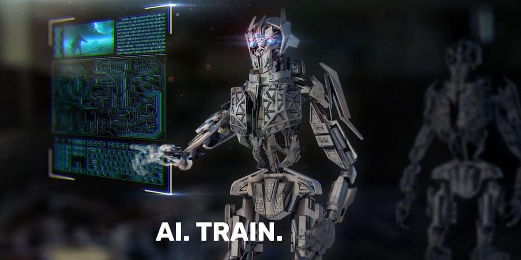A robot touching a floating touch screen with the text "AI. Train." overlayed.