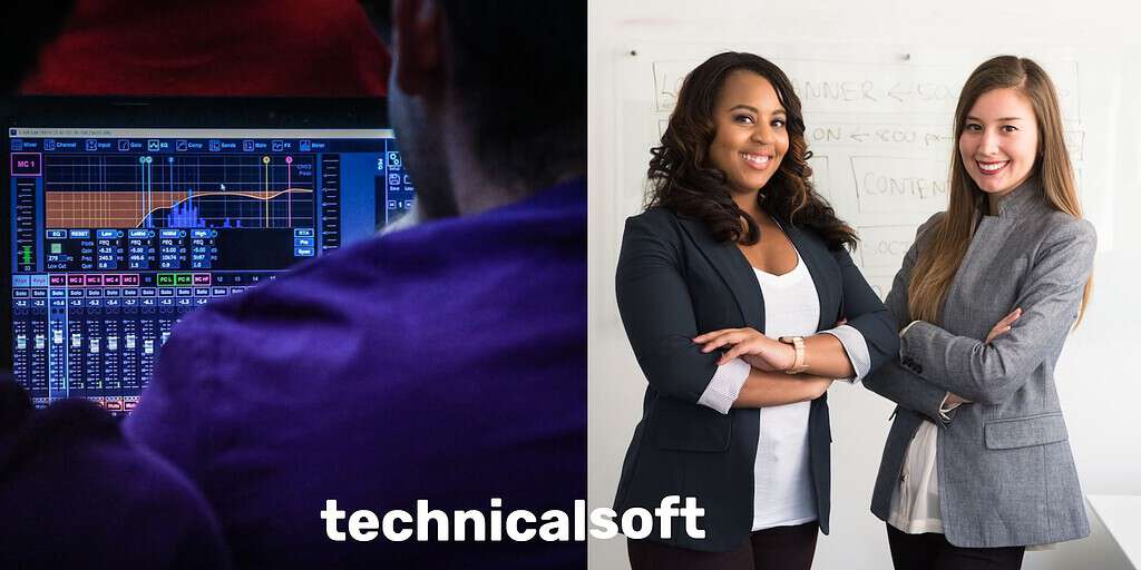 A split image with one side being a person on a computer coding with words overlaid "technical". The other side has two women dressed in business attire and the word "soft" overlaid.