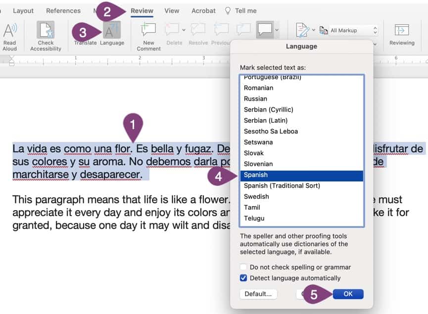 Visual instructions for how to set the language of a portion of text in Word.