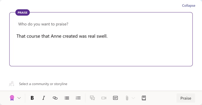 Praise being sent to a teammate with Microsoft Viva Engage.