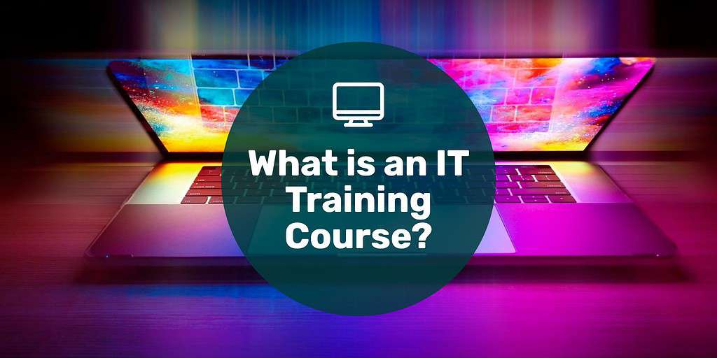 A laptop computer partially open with text overlay" what is an IT training course?"