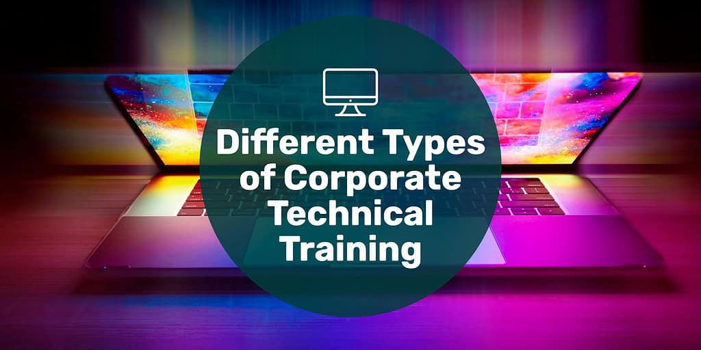 A laptop nearly closed with text overlay "different types of corporate technical training."